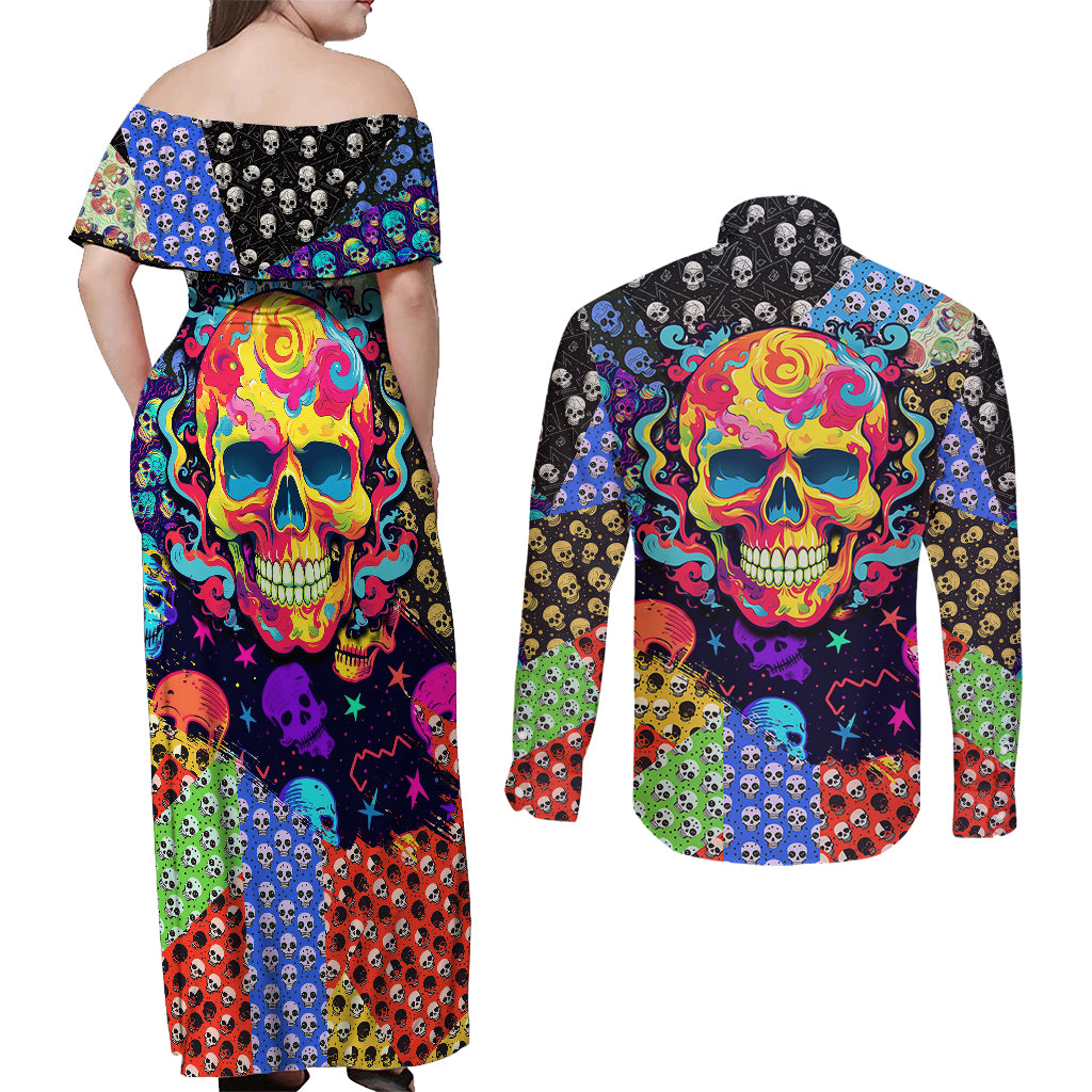 Skull Pattern Couples Matching Off Shoulder Maxi Dress and Long Sleeve Button Shirts Colorful Skull Pattern Mix - Wonder Print Shop