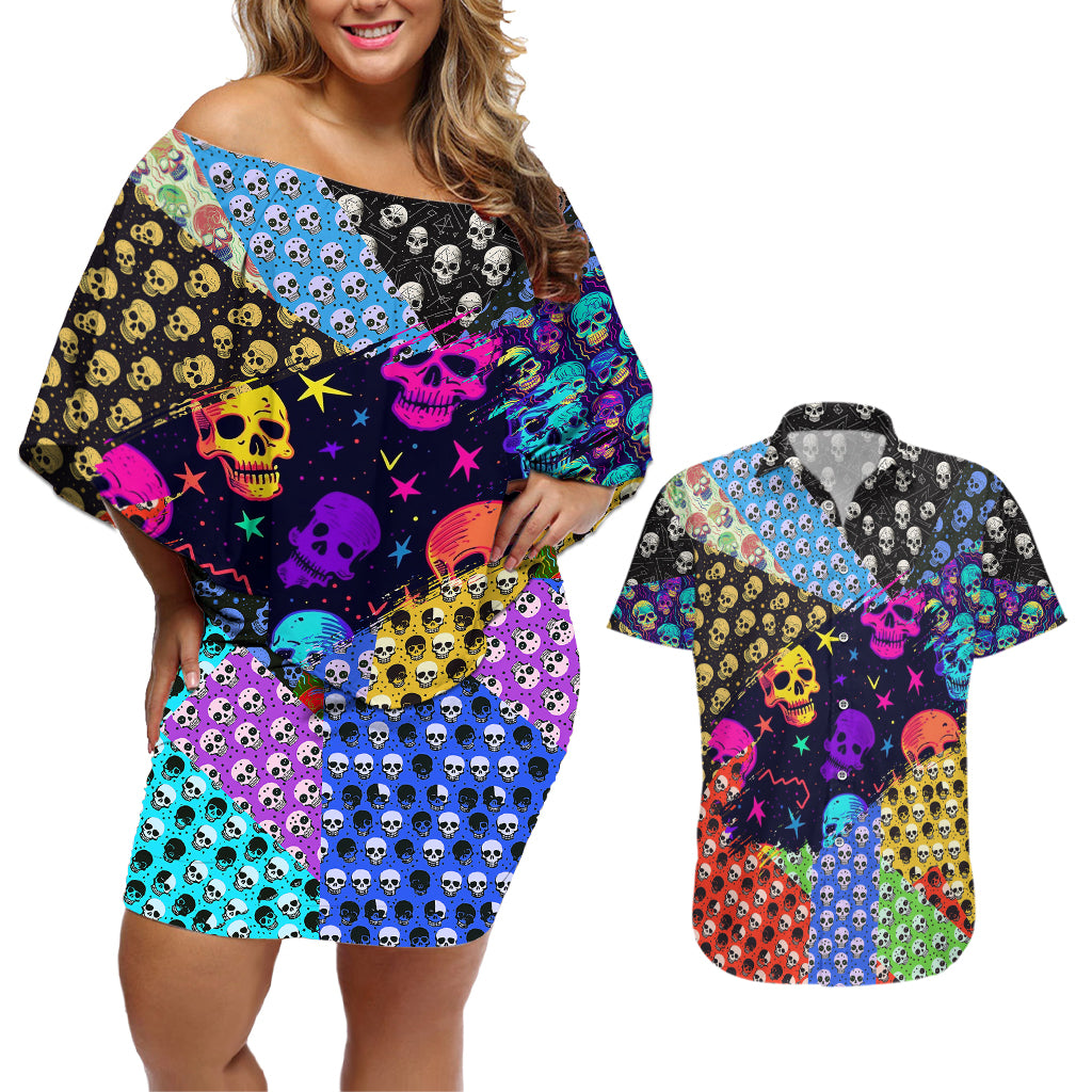 Skull Pattern Couples Matching Off Shoulder Short Dress and Hawaiian Shirt Colorful Skull Pattern Mix - Wonder Print Shop