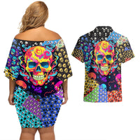 Skull Pattern Couples Matching Off Shoulder Short Dress and Hawaiian Shirt Colorful Skull Pattern Mix - Wonder Print Shop