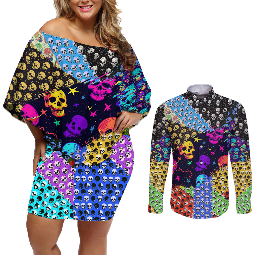 Skull Pattern Couples Matching Off Shoulder Short Dress and Long Sleeve Button Shirts Colorful Skull Pattern Mix - Wonder Print Shop