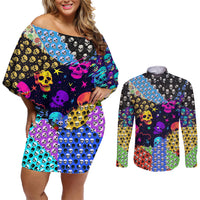Skull Pattern Couples Matching Off Shoulder Short Dress and Long Sleeve Button Shirts Colorful Skull Pattern Mix - Wonder Print Shop