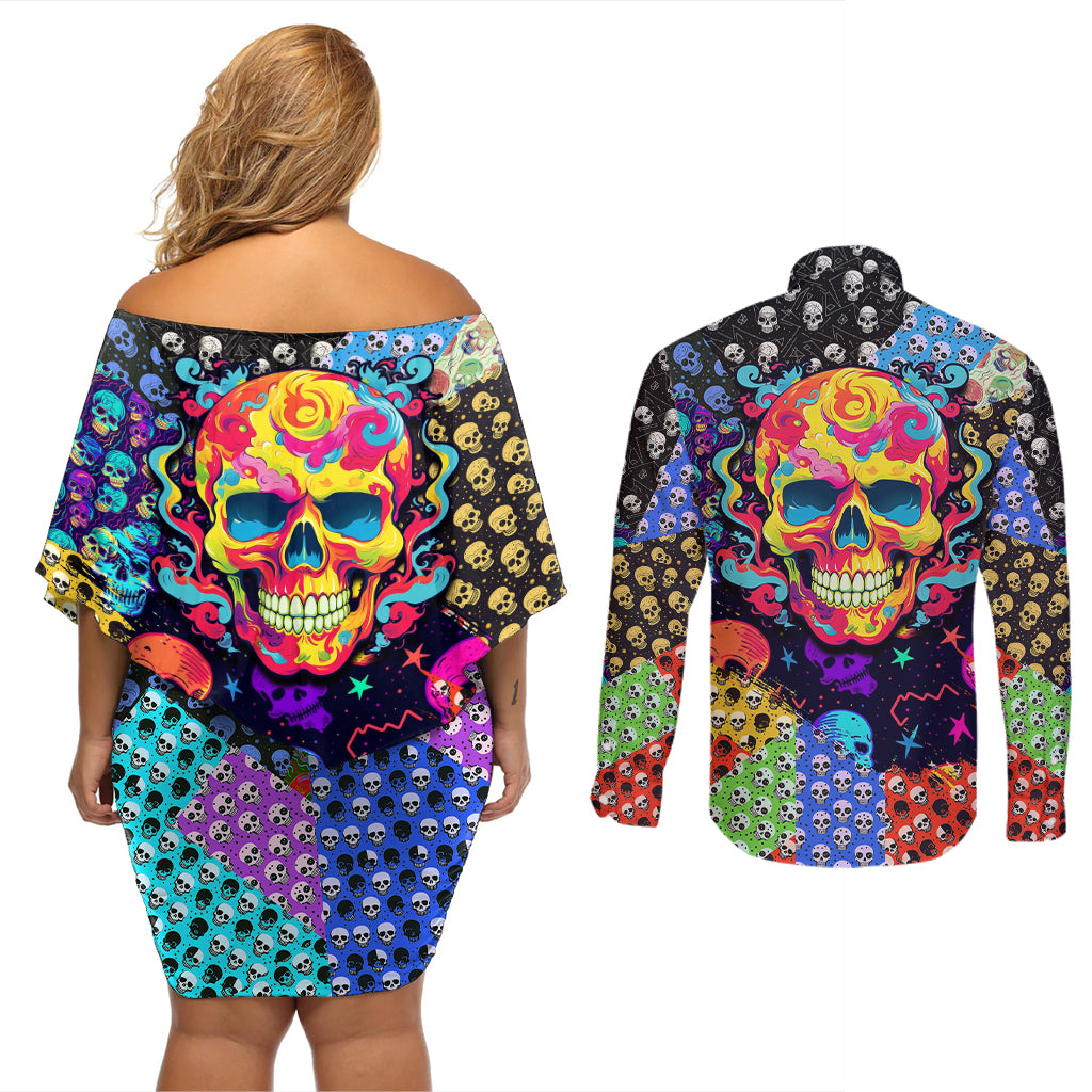 Skull Pattern Couples Matching Off Shoulder Short Dress and Long Sleeve Button Shirts Colorful Skull Pattern Mix - Wonder Print Shop