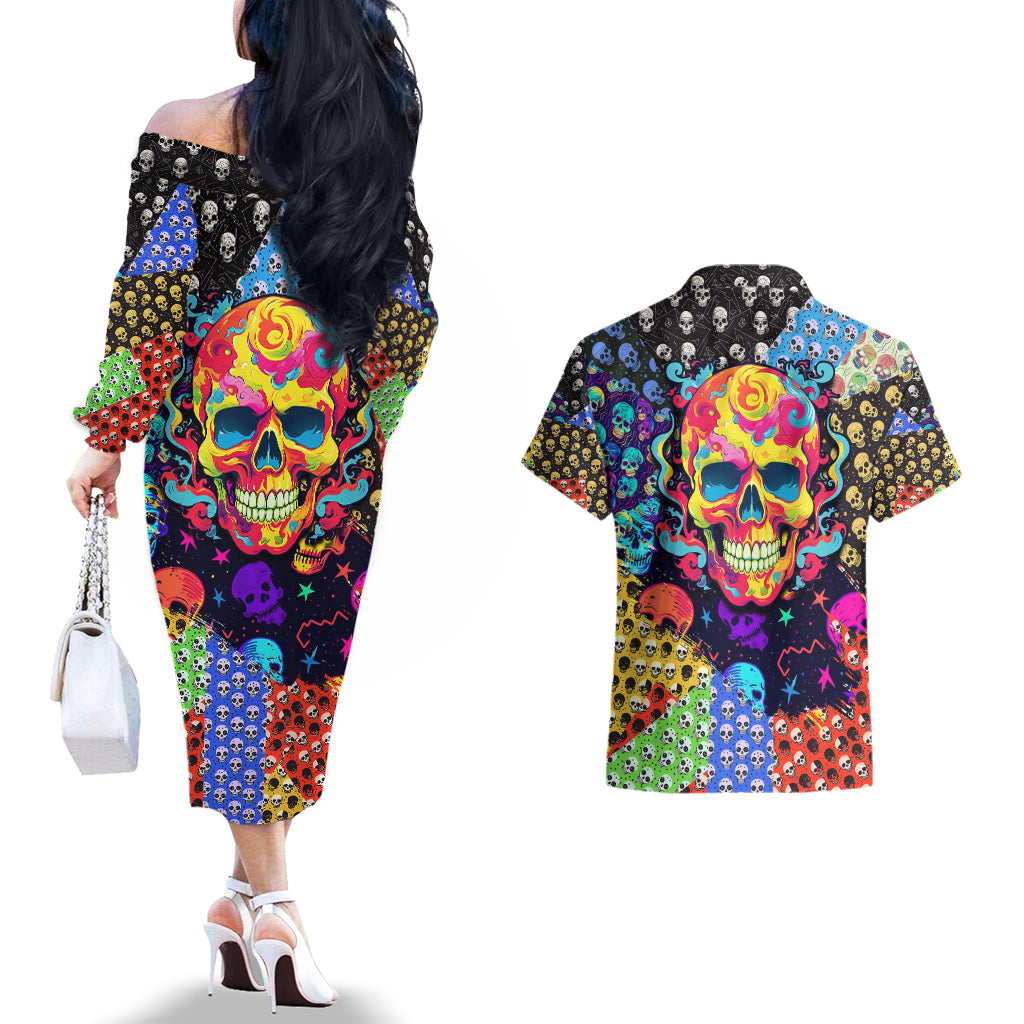 Skull Pattern Couples Matching Off The Shoulder Long Sleeve Dress and Hawaiian Shirt Colorful Skull Pattern Mix - Wonder Print Shop