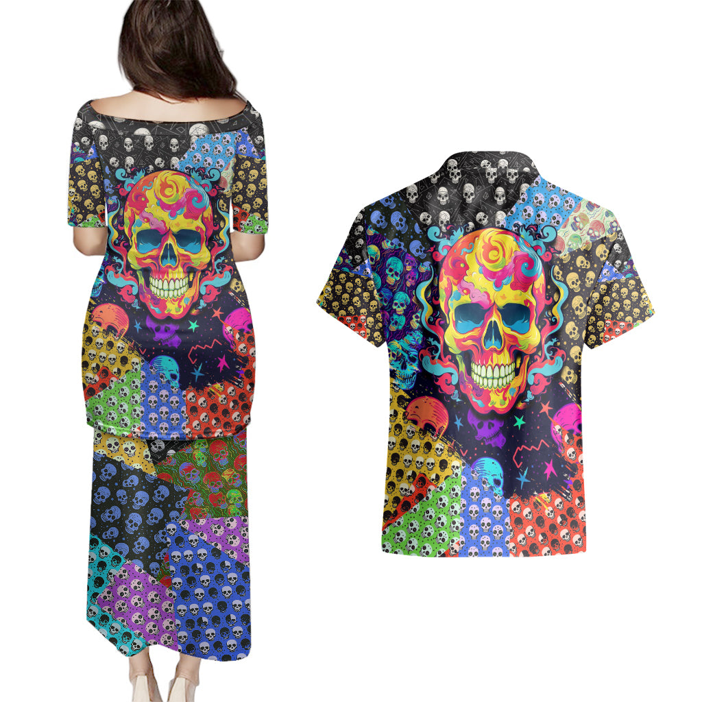Skull Pattern Couples Matching Puletasi Dress and Hawaiian Shirt Colorful Skull Pattern Mix - Wonder Print Shop