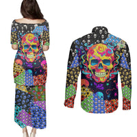 Skull Pattern Couples Matching Puletasi Dress and Long Sleeve Button Shirts Colorful Skull Pattern Mix - Wonder Print Shop