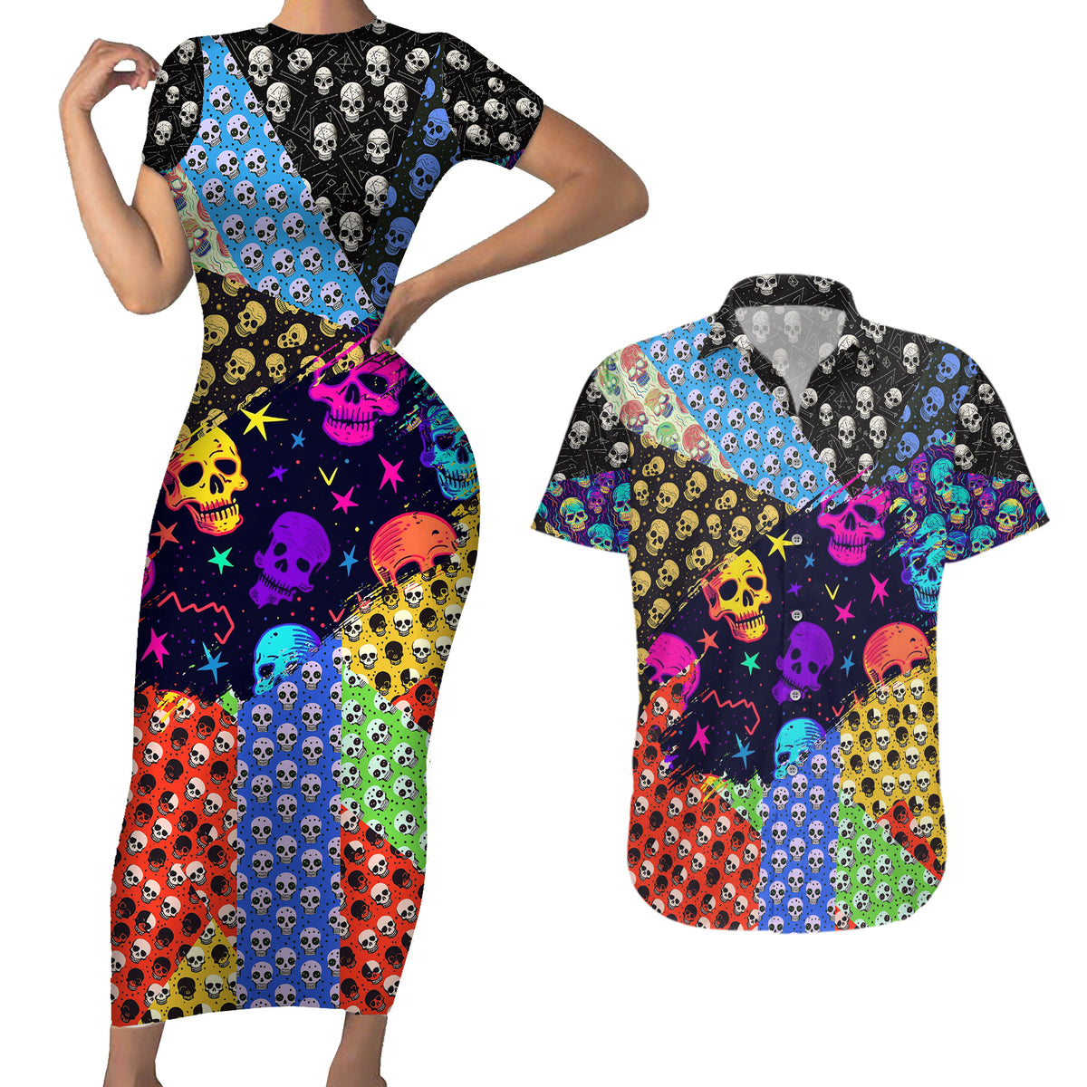 Skull Pattern Couples Matching Short Sleeve Bodycon Dress and Hawaiian Shirt Colorful Skull Pattern Mix - Wonder Print Shop
