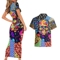 Skull Pattern Couples Matching Short Sleeve Bodycon Dress and Hawaiian Shirt Colorful Skull Pattern Mix - Wonder Print Shop