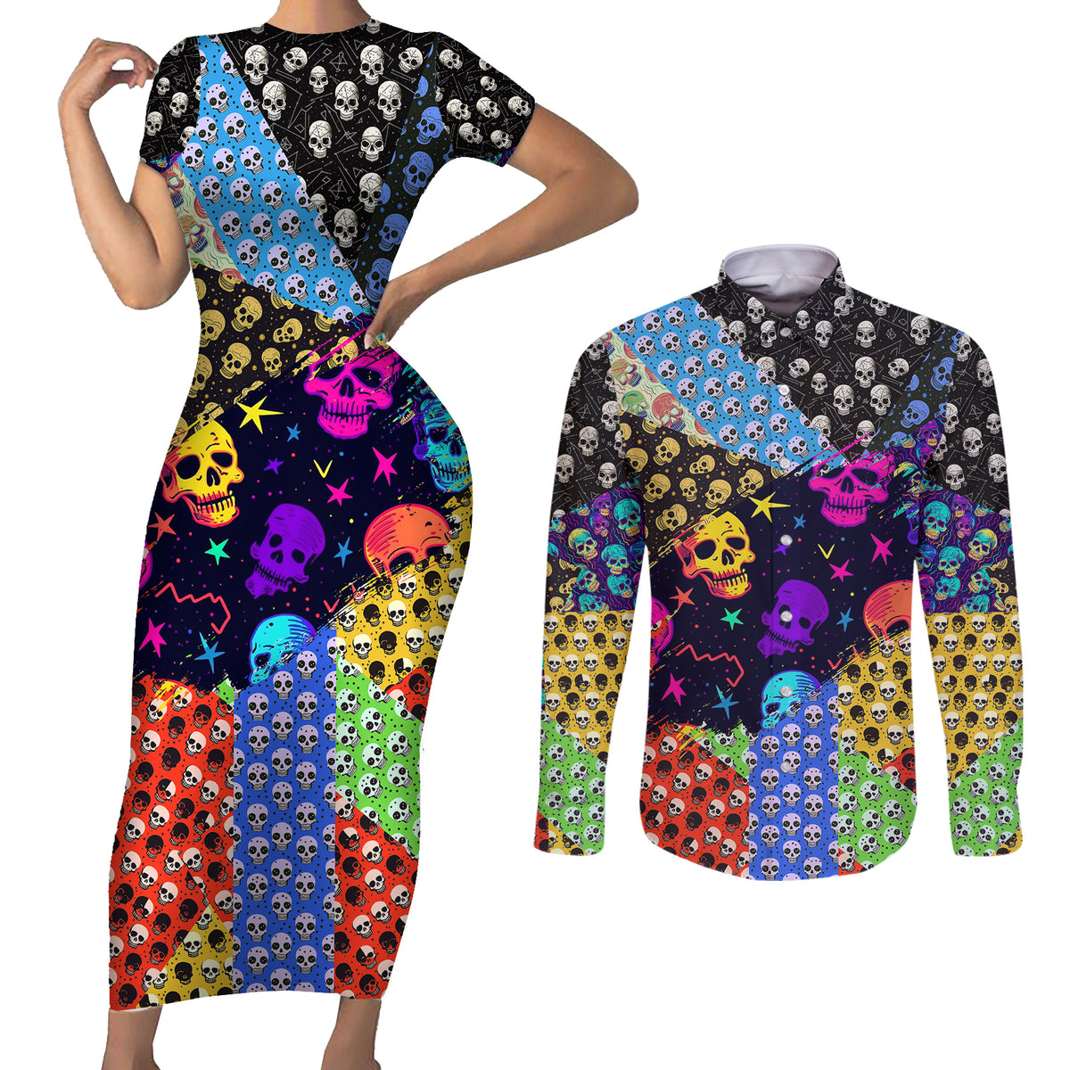 Skull Pattern Couples Matching Short Sleeve Bodycon Dress and Long Sleeve Button Shirts Colorful Skull Pattern Mix - Wonder Print Shop