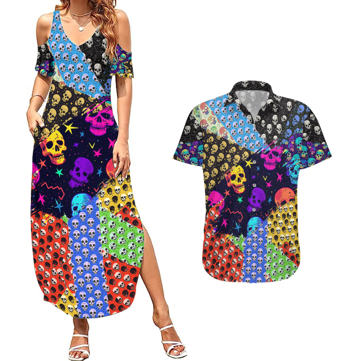 Skull Pattern Couples Matching Summer Maxi Dress and Hawaiian Shirt Colorful Skull Pattern Mix - Wonder Print Shop