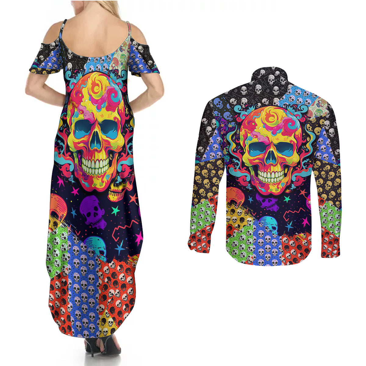 Skull Pattern Couples Matching Summer Maxi Dress and Long Sleeve Button Shirts Colorful Skull Pattern Mix - Wonder Print Shop