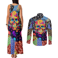 Skull Pattern Couples Matching Tank Maxi Dress and Long Sleeve Button Shirts Colorful Skull Pattern Mix - Wonder Print Shop
