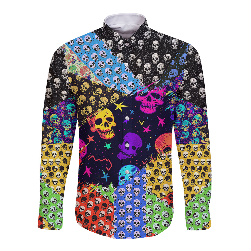 Skull Pattern Long Sleeve Button Shirt Colorful Skull Pattern Mix - Wonder Print Shop