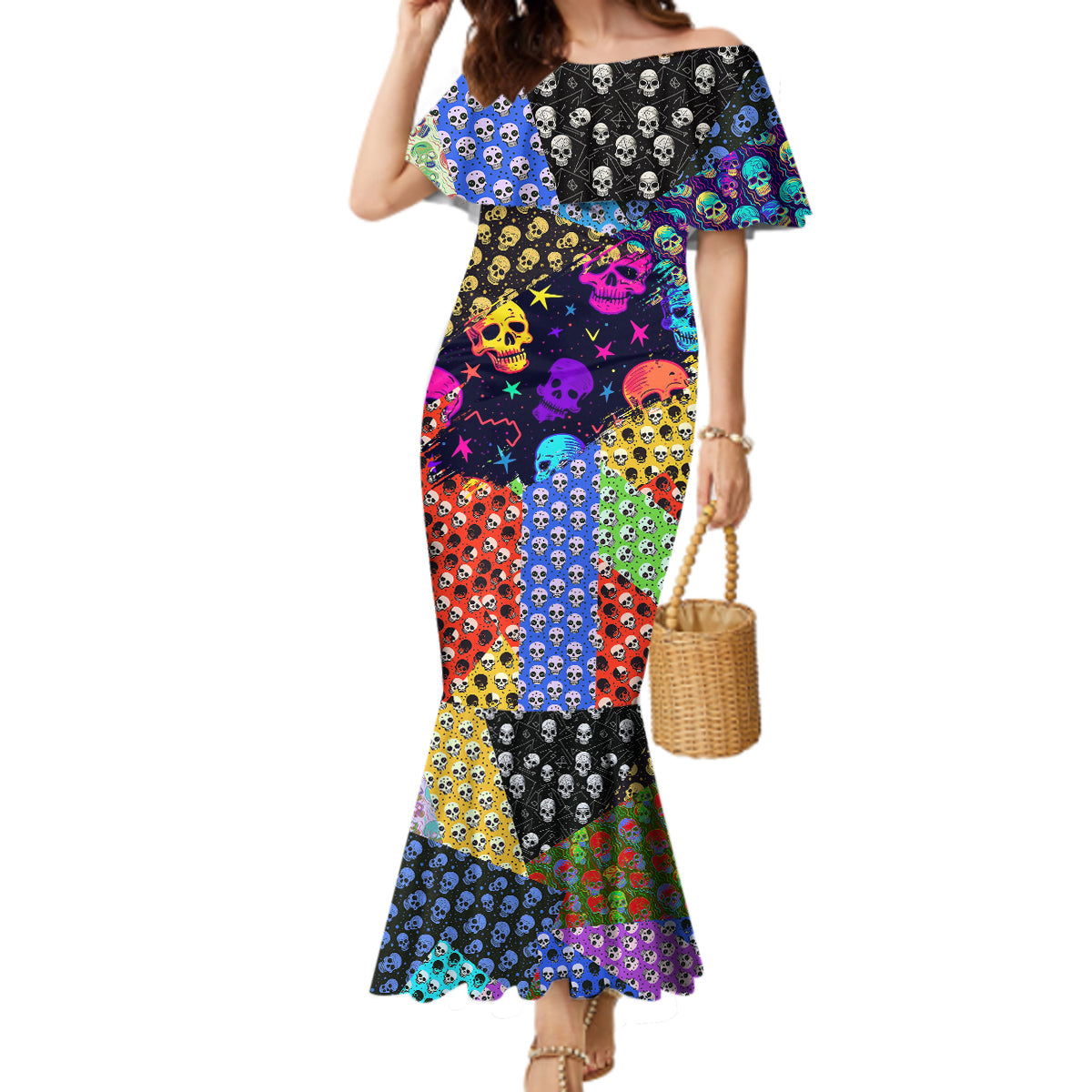 Skull Pattern Mermaid Dress Colorful Skull Pattern Mix - Wonder Print Shop