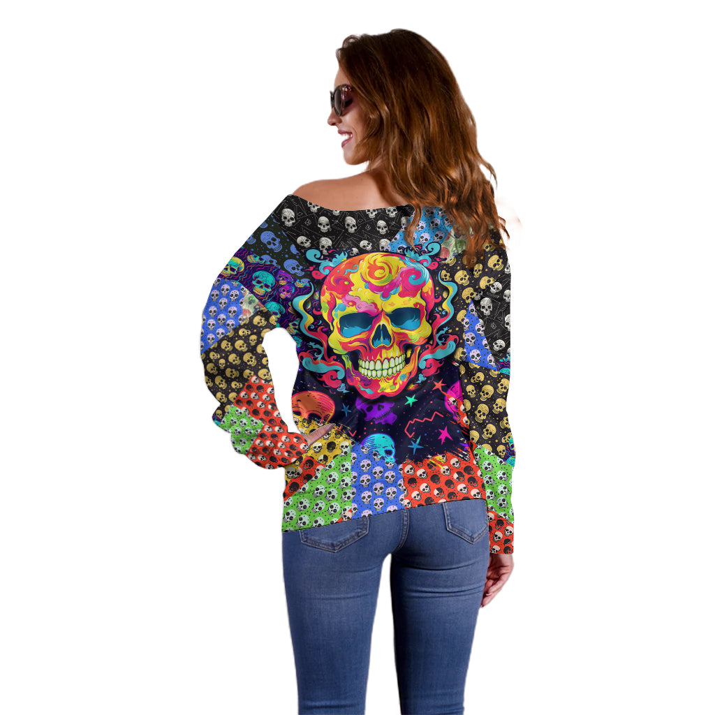 Skull Pattern Off Shoulder Sweater Colorful Skull Pattern Mix - Wonder Print Shop