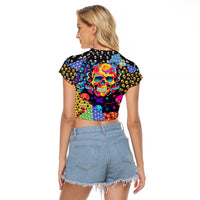 Skull Pattern Raglan Cropped T Shirt Colorful Skull Pattern Mix - Wonder Print Shop
