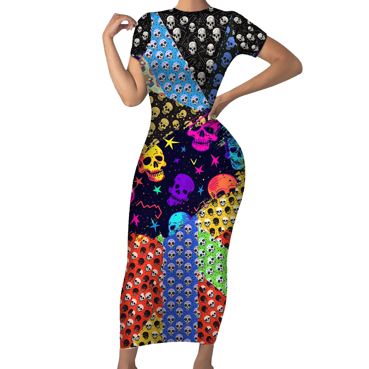 Skull Pattern Short Sleeve Bodycon Dress Colorful Skull Pattern Mix - Wonder Print Shop