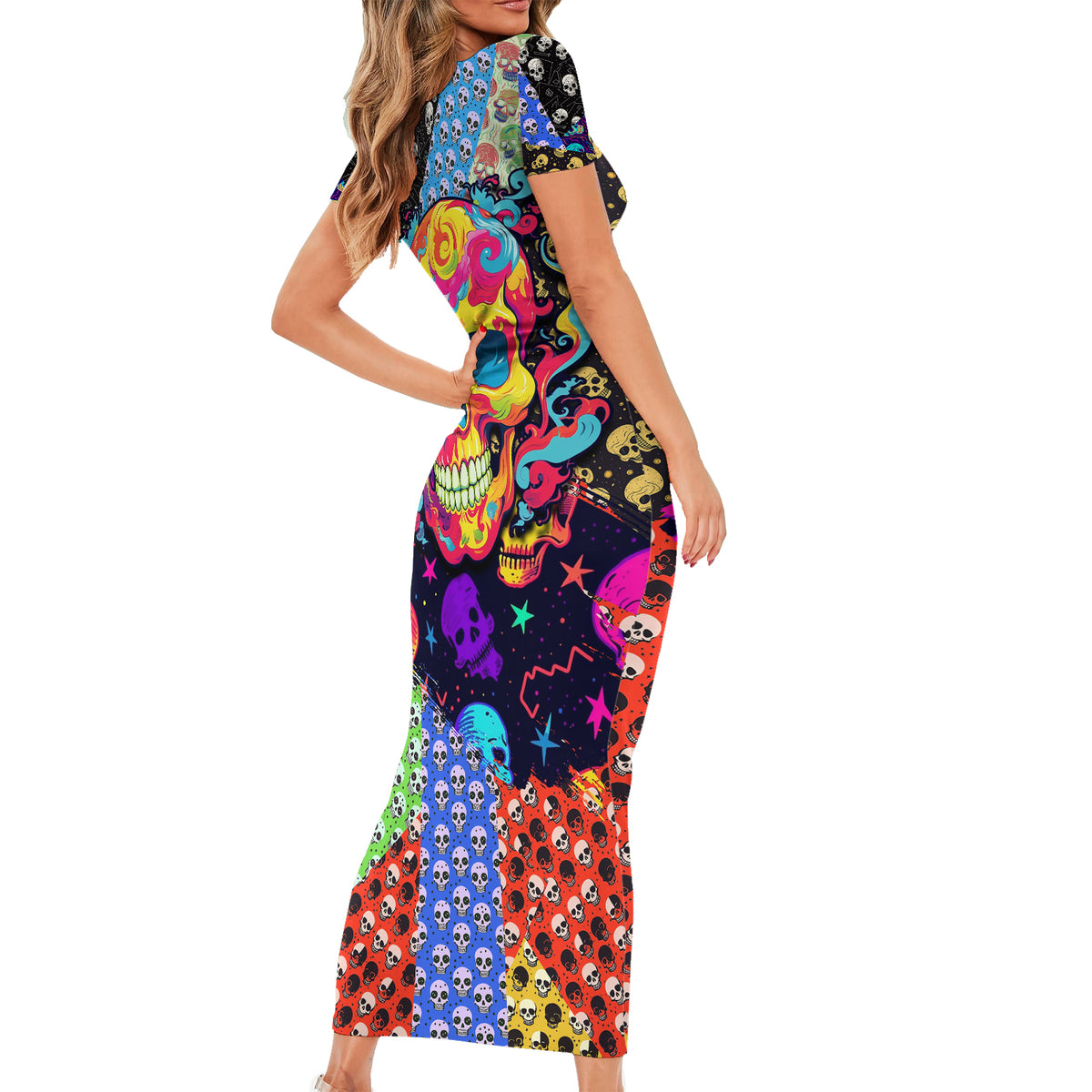 Skull Pattern Short Sleeve Bodycon Dress Colorful Skull Pattern Mix - Wonder Print Shop