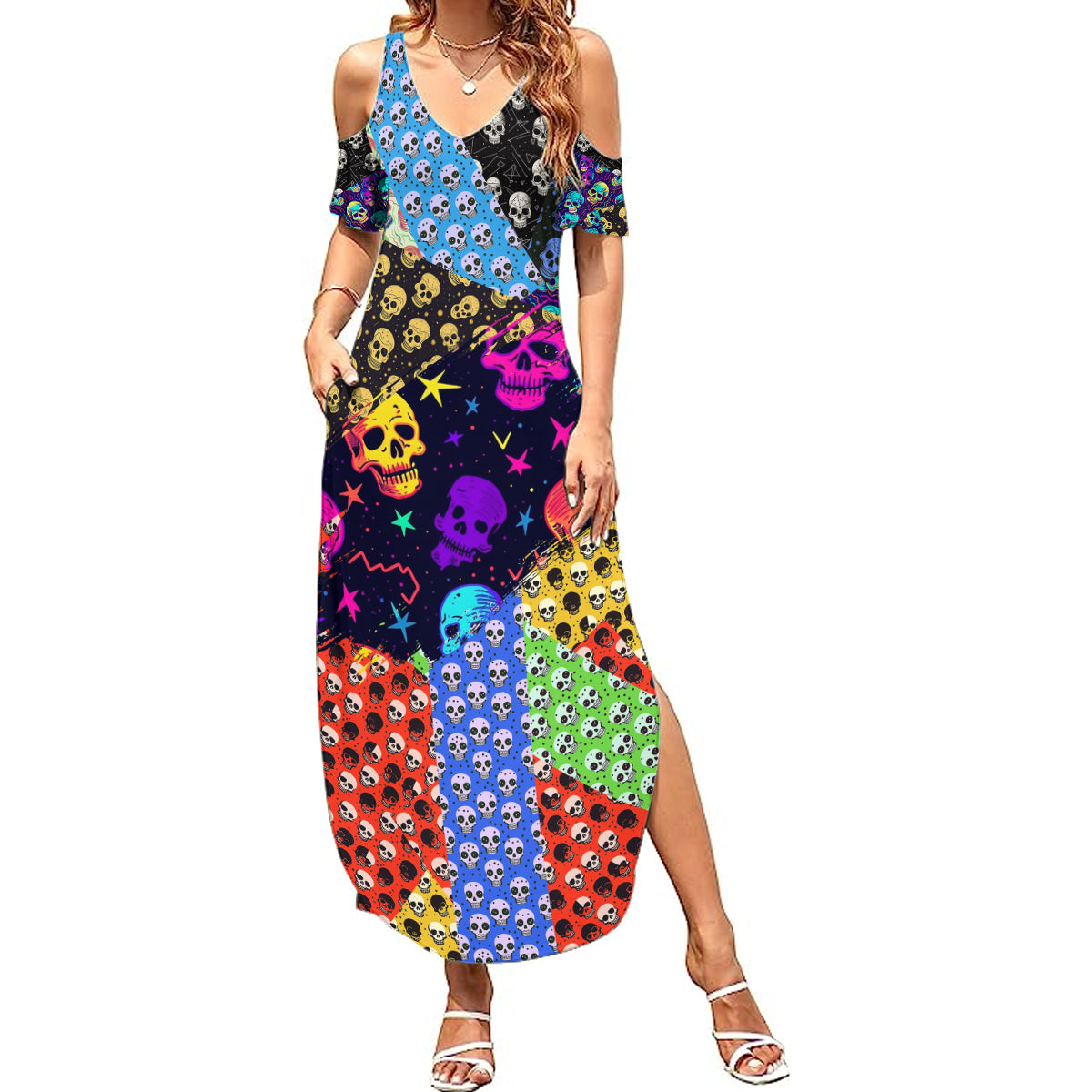 Skull Pattern Summer Maxi Dress Colorful Skull Pattern Mix - Wonder Print Shop