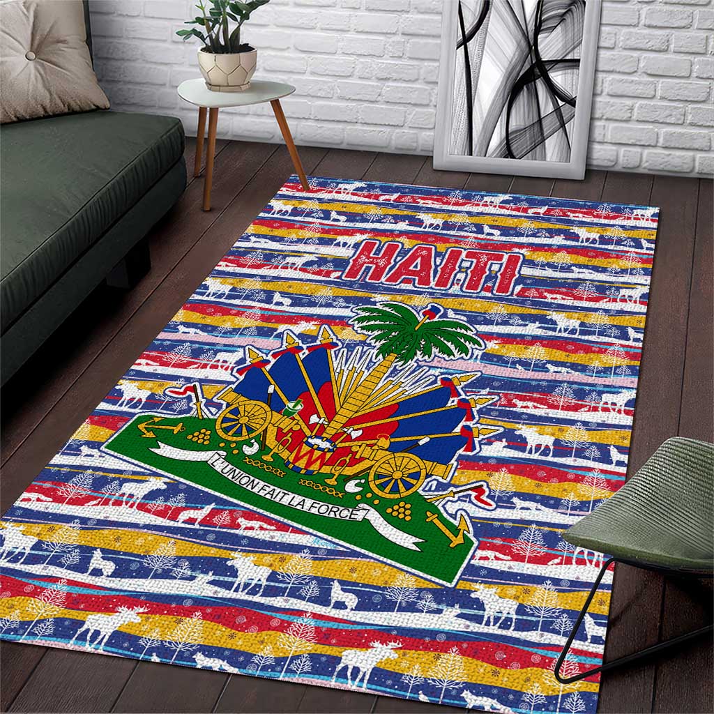 Haiti Christmas Area Rug with Blue Red Yellow Xmas Santa Sleigh and Coat of Arms - Wonder Print Shop