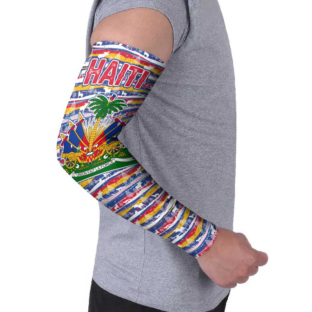 Haiti Christmas Arm Sleeves with Blue Red Yellow Xmas Santa Sleigh and Coat of Arms - Wonder Print Shop