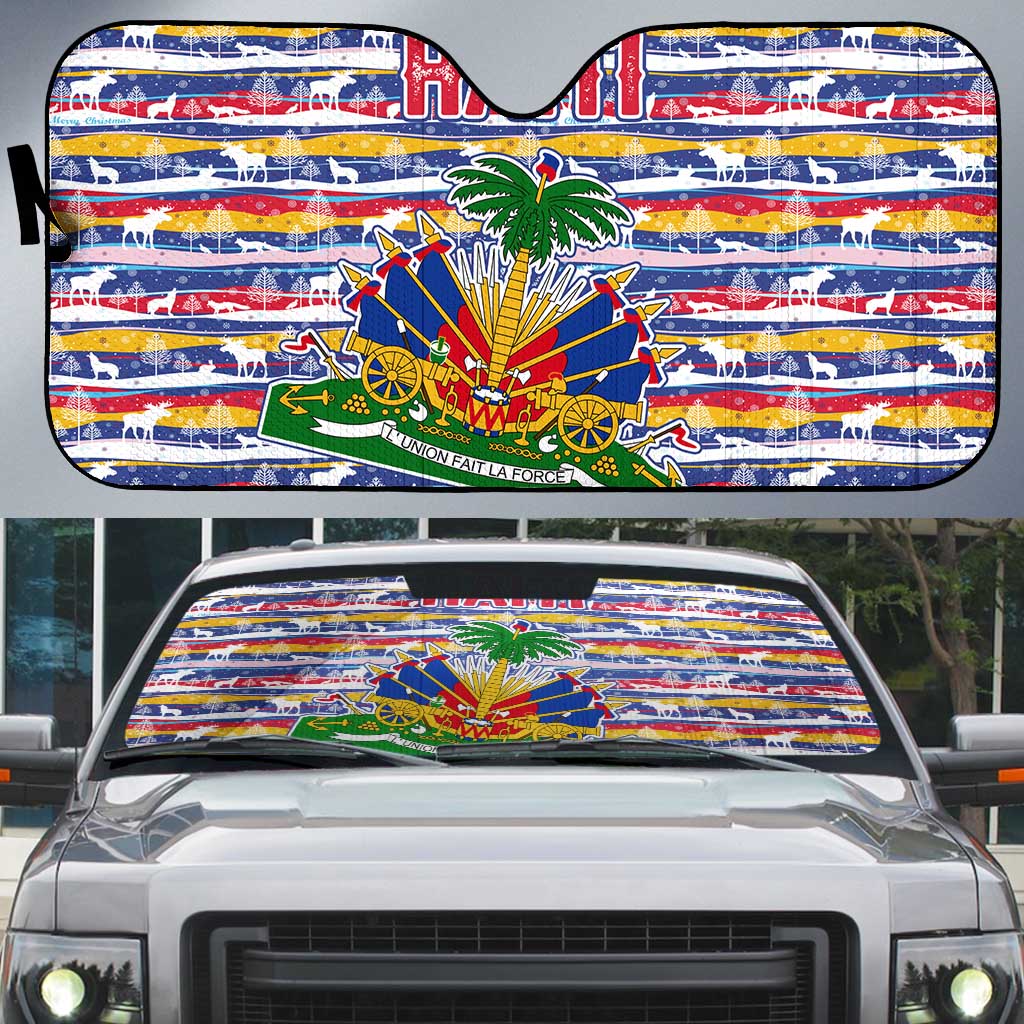 Haiti Christmas Auto Sun Shade with Blue Red Yellow Xmas Santa Sleigh and Coat of Arms - Wonder Print Shop