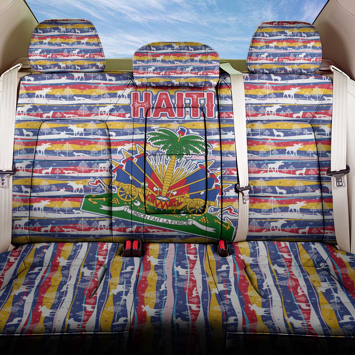 Haiti Christmas Back Car Seat Cover with Blue Red Yellow Xmas Santa Sleigh and Coat of Arms - Wonder Print Shop
