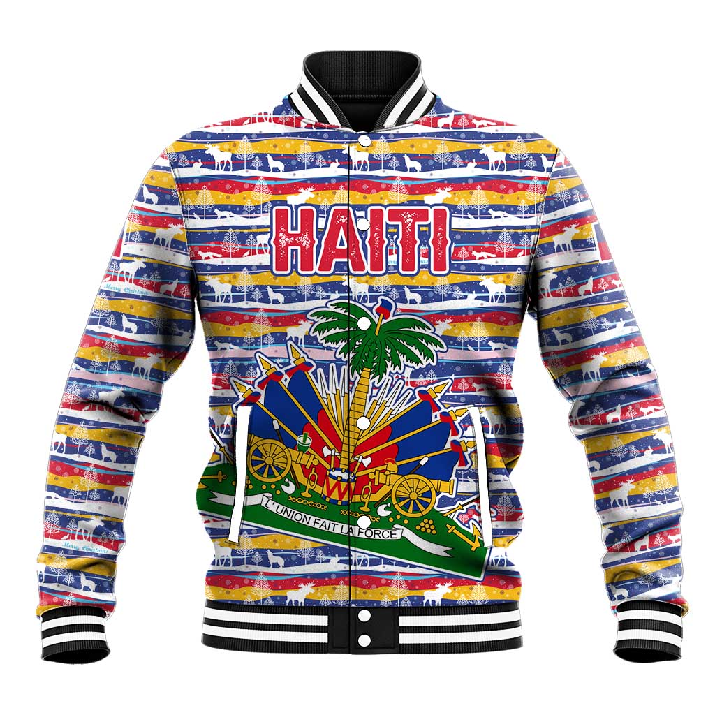 Haiti Christmas Baseball Jacket with Blue Red Yellow Xmas Santa Sleigh and Coat of Arms - Wonder Print Shop