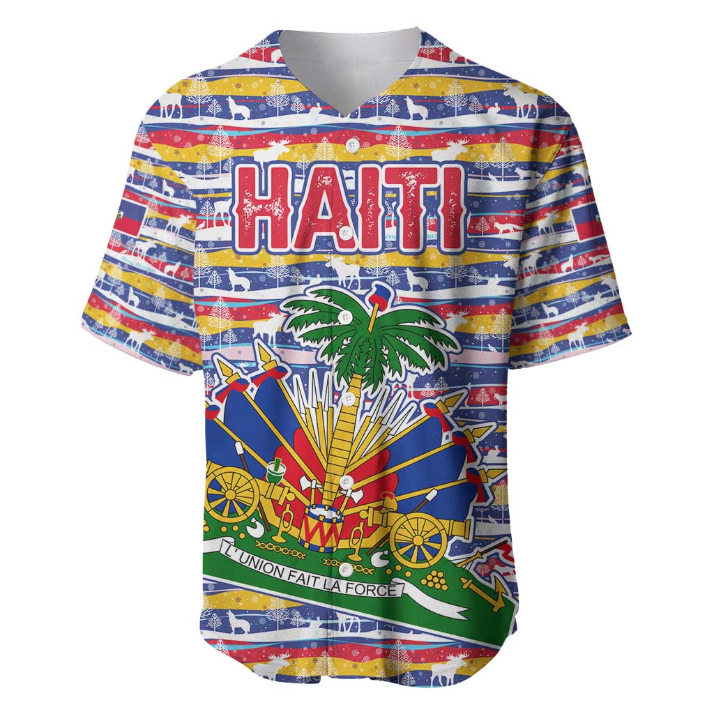 Haiti Christmas Baseball Jersey with Blue Red Yellow Xmas Santa Sleigh and Coat of Arms - Wonder Print Shop