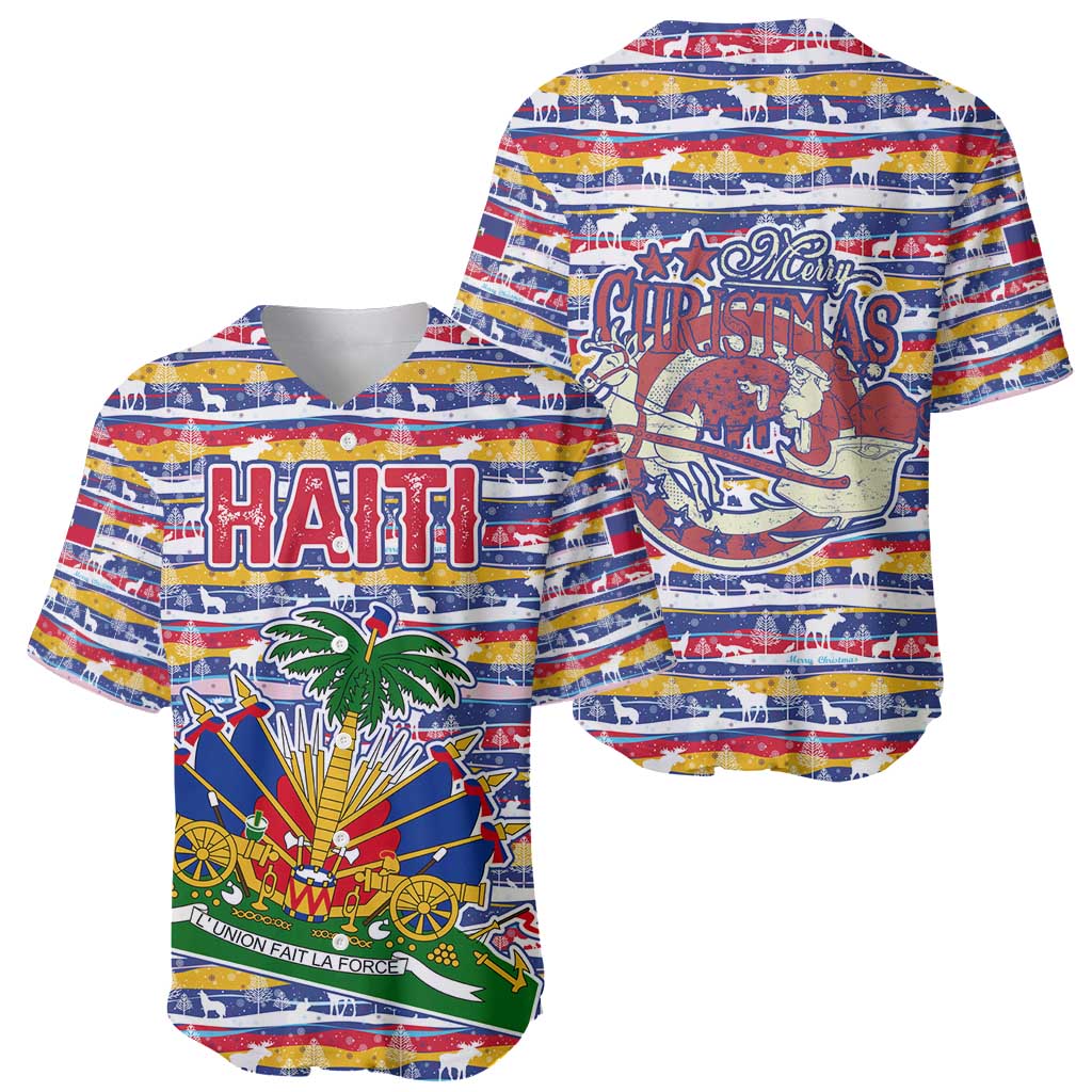 Haiti Christmas Baseball Jersey with Blue Red Yellow Xmas Santa Sleigh and Coat of Arms - Wonder Print Shop
