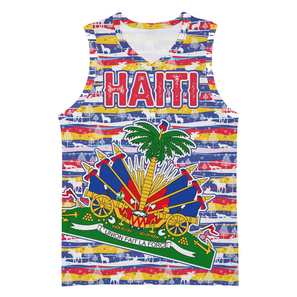 Haiti Christmas Basketball Jersey with Blue Red Yellow Xmas Santa Sleigh and Coat of Arms - Wonder Print Shop