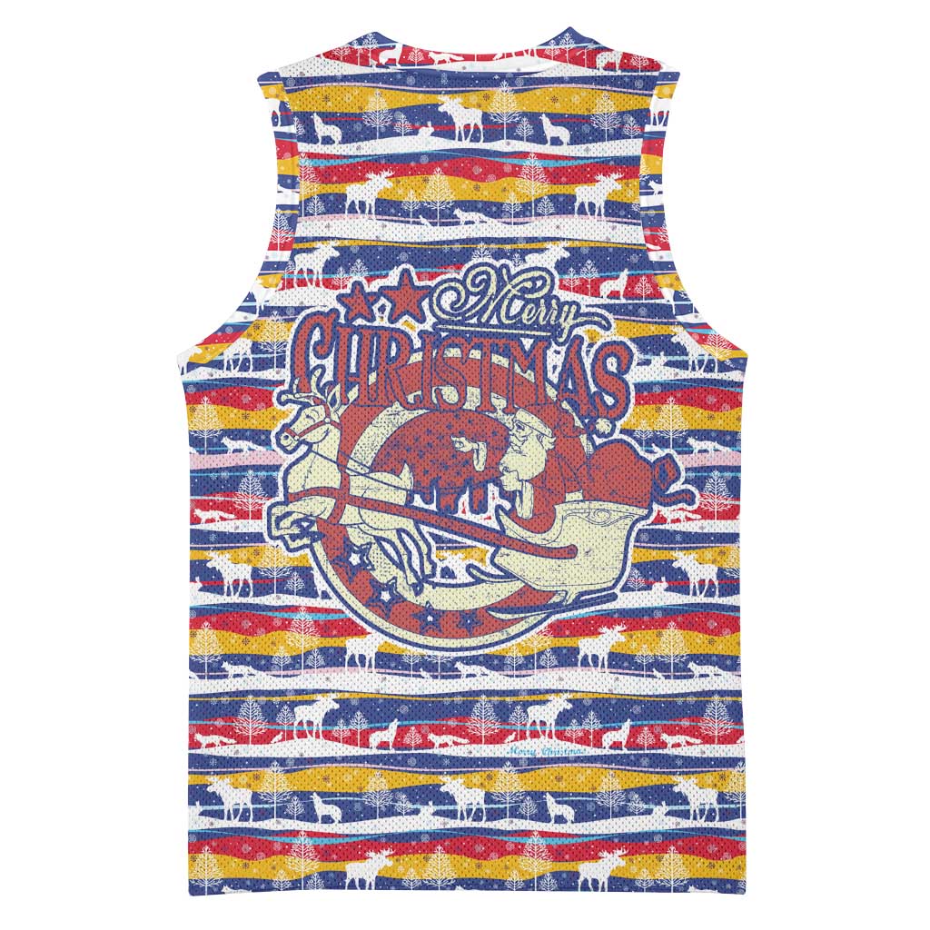 Haiti Christmas Basketball Jersey with Blue Red Yellow Xmas Santa Sleigh and Coat of Arms - Wonder Print Shop