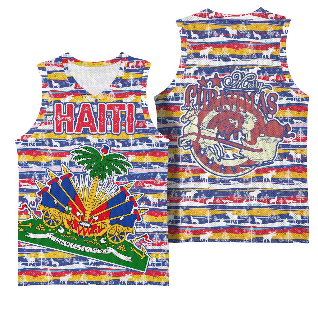 Haiti Christmas Basketball Jersey with Blue Red Yellow Xmas Santa Sleigh and Coat of Arms - Wonder Print Shop