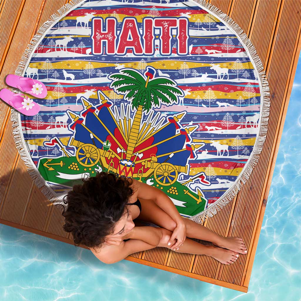 Haiti Christmas Beach Blanket with Blue Red Yellow Xmas Santa Sleigh and Coat of Arms - Wonder Print Shop