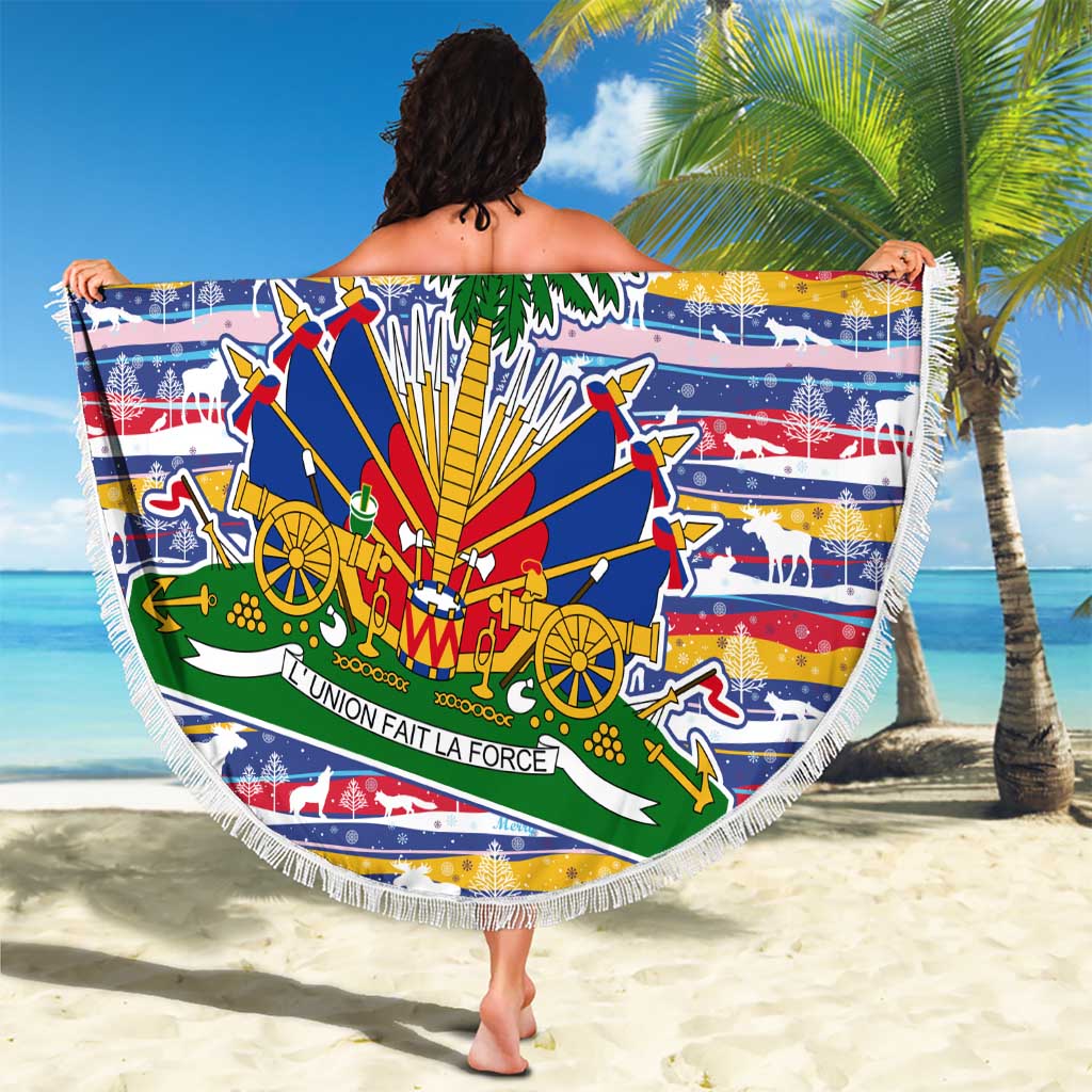 Haiti Christmas Beach Blanket with Blue Red Yellow Xmas Santa Sleigh and Coat of Arms - Wonder Print Shop