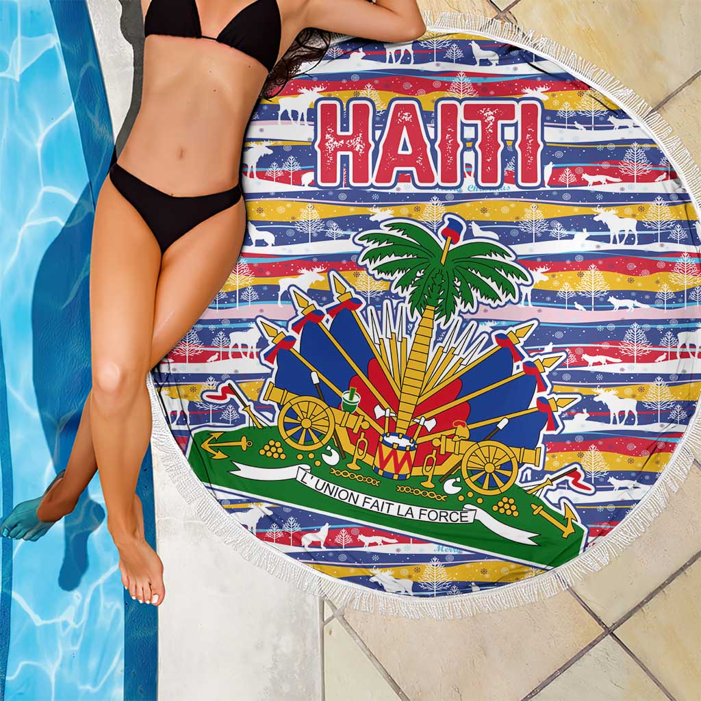 Haiti Christmas Beach Blanket with Blue Red Yellow Xmas Santa Sleigh and Coat of Arms - Wonder Print Shop