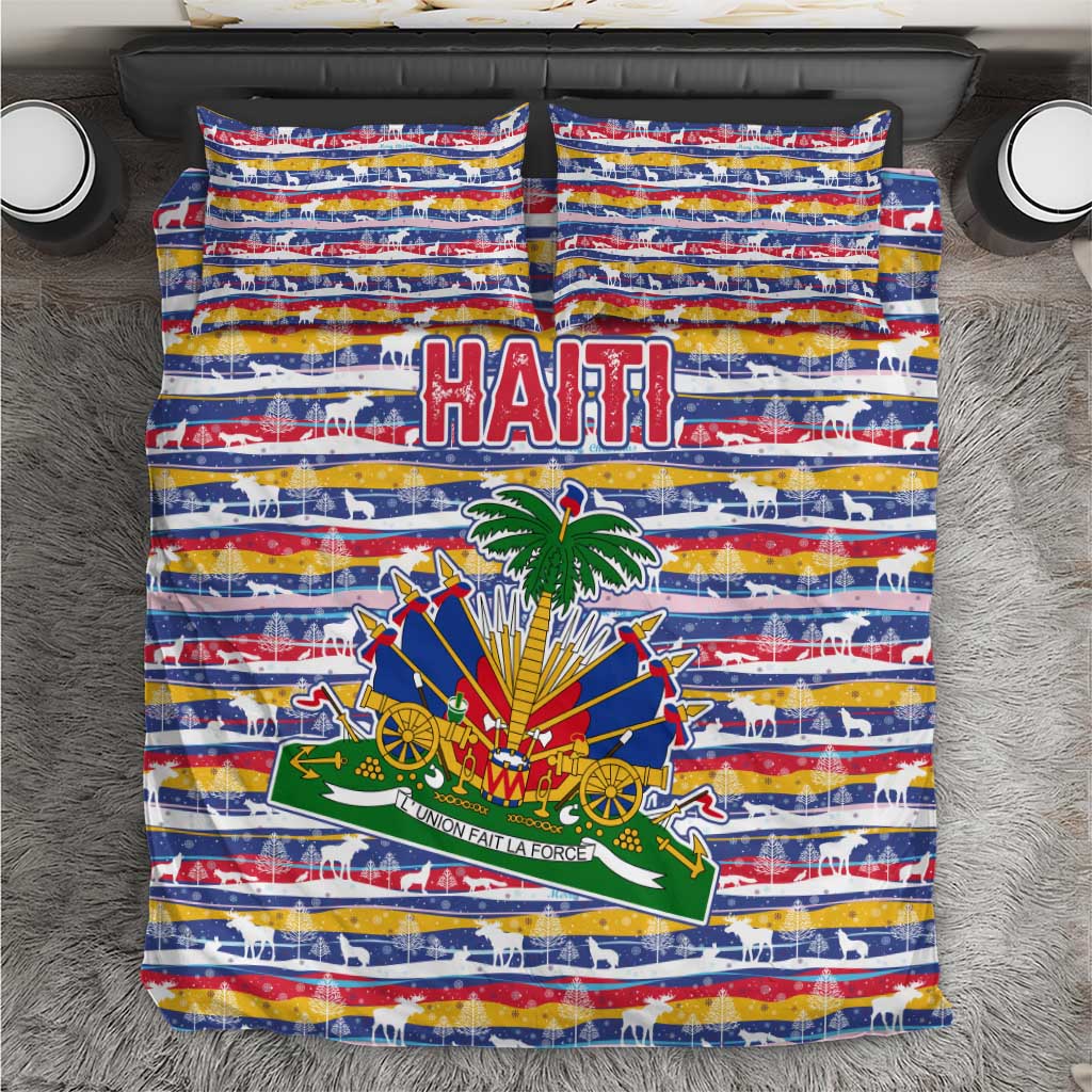 Haiti Christmas Bedding Set with Blue Red Yellow Xmas Santa Sleigh and Coat of Arms - Wonder Print Shop