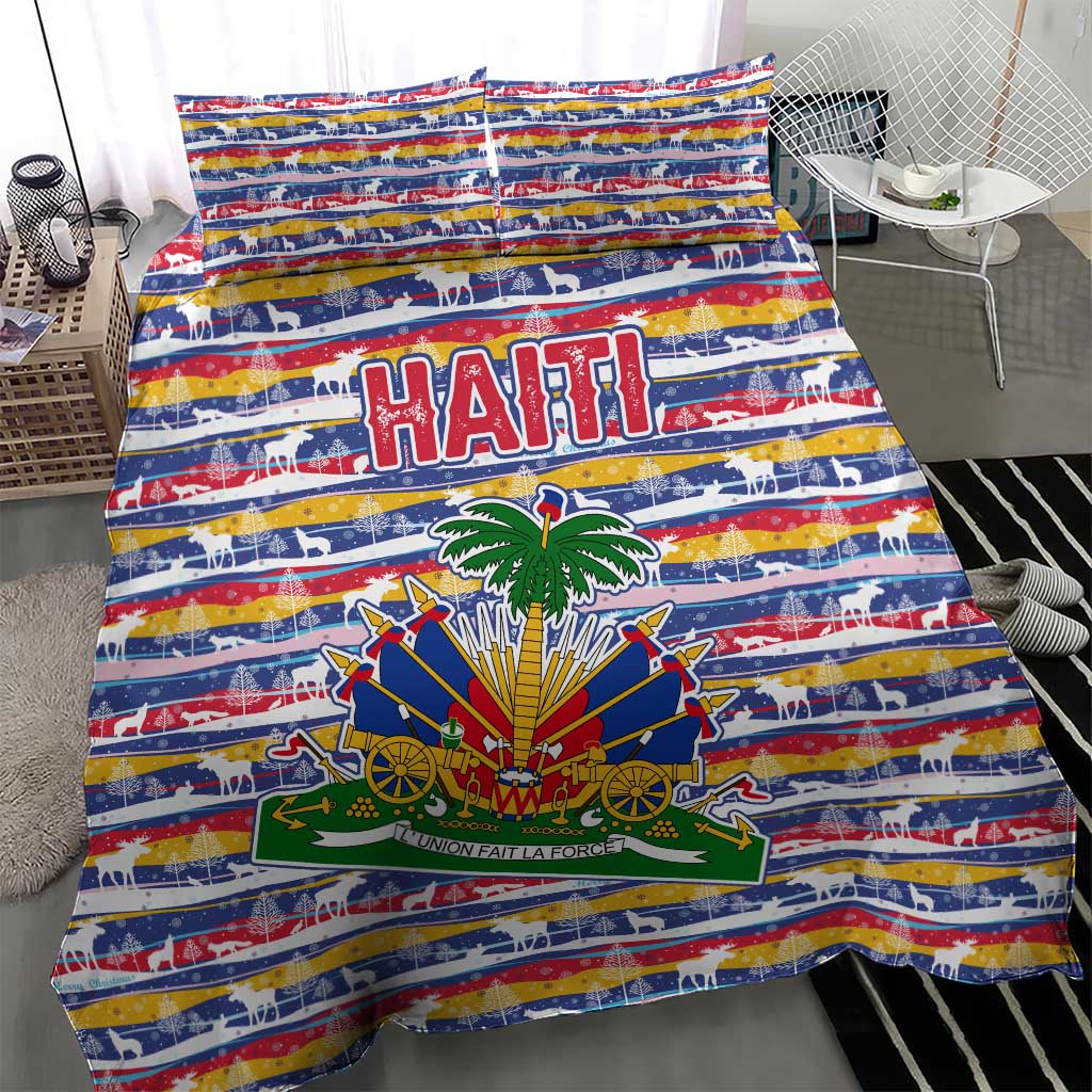 Haiti Christmas Bedding Set with Blue Red Yellow Xmas Santa Sleigh and Coat of Arms - Wonder Print Shop