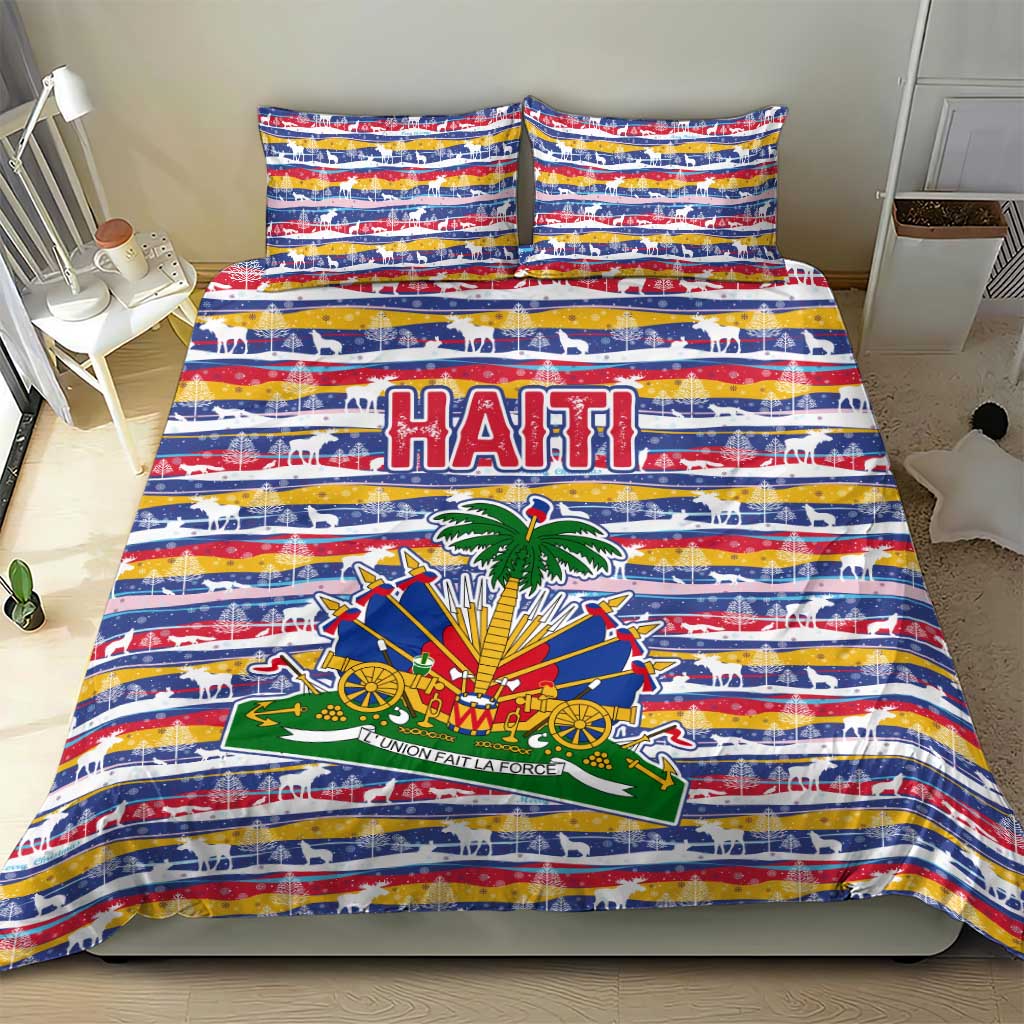 Haiti Christmas Bedding Set with Blue Red Yellow Xmas Santa Sleigh and Coat of Arms - Wonder Print Shop