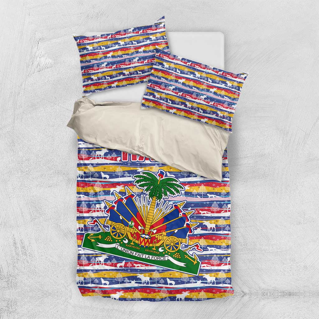 Haiti Christmas Bedding Set with Blue Red Yellow Xmas Santa Sleigh and Coat of Arms - Wonder Print Shop