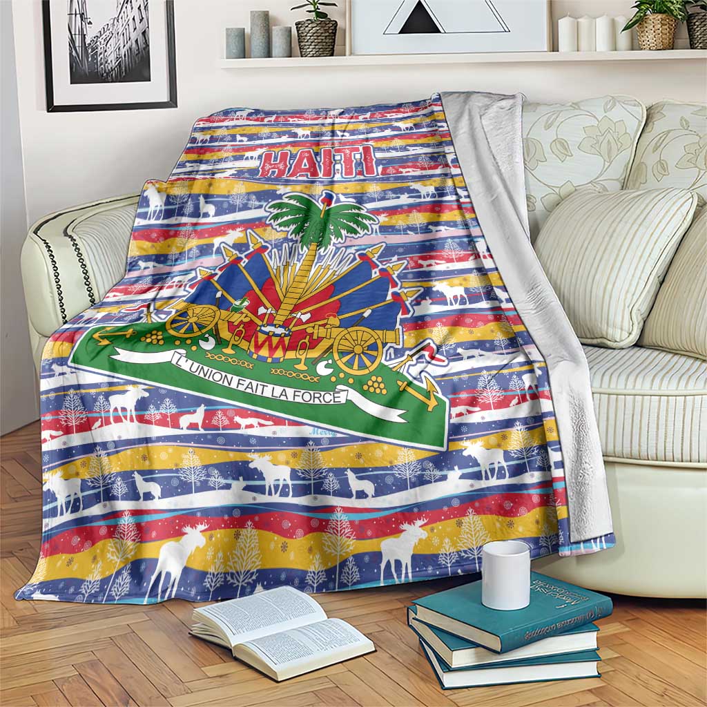 Haiti Christmas Blanket with Blue Red Yellow Xmas Santa Sleigh and Coat of Arms - Wonder Print Shop