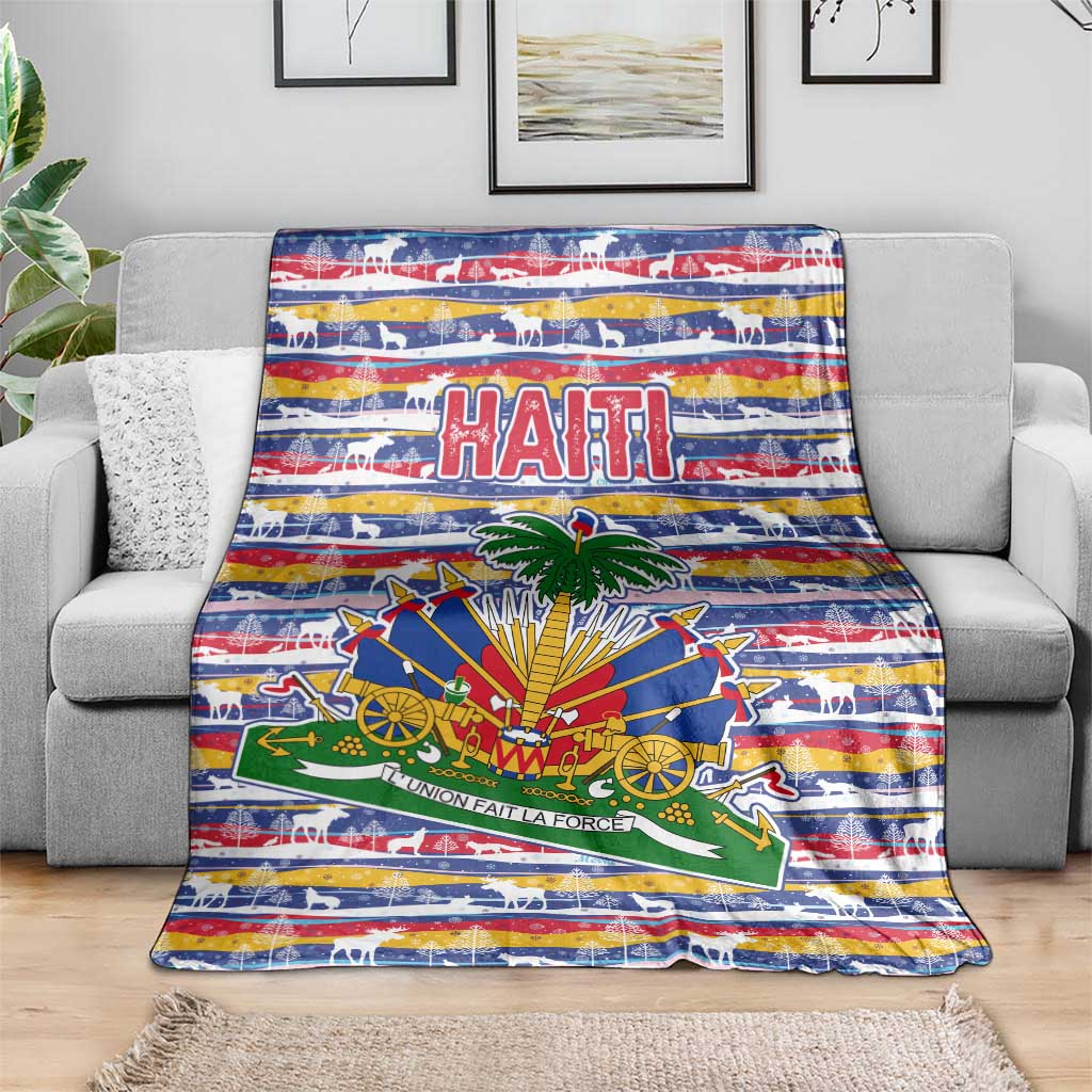 Haiti Christmas Blanket with Blue Red Yellow Xmas Santa Sleigh and Coat of Arms - Wonder Print Shop