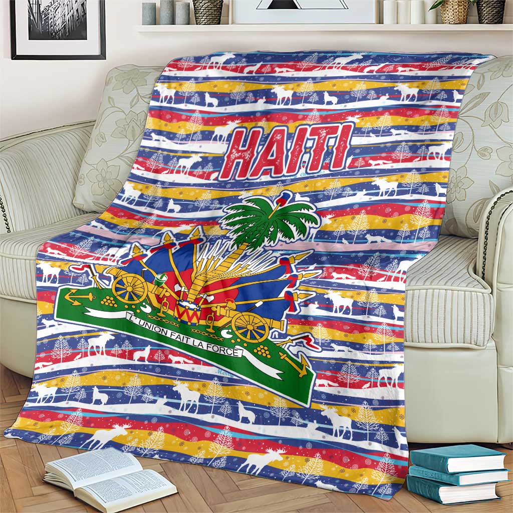 Haiti Christmas Blanket with Blue Red Yellow Xmas Santa Sleigh and Coat of Arms - Wonder Print Shop