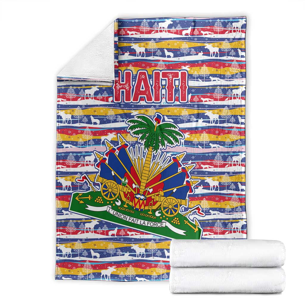 Haiti Christmas Blanket with Blue Red Yellow Xmas Santa Sleigh and Coat of Arms - Wonder Print Shop