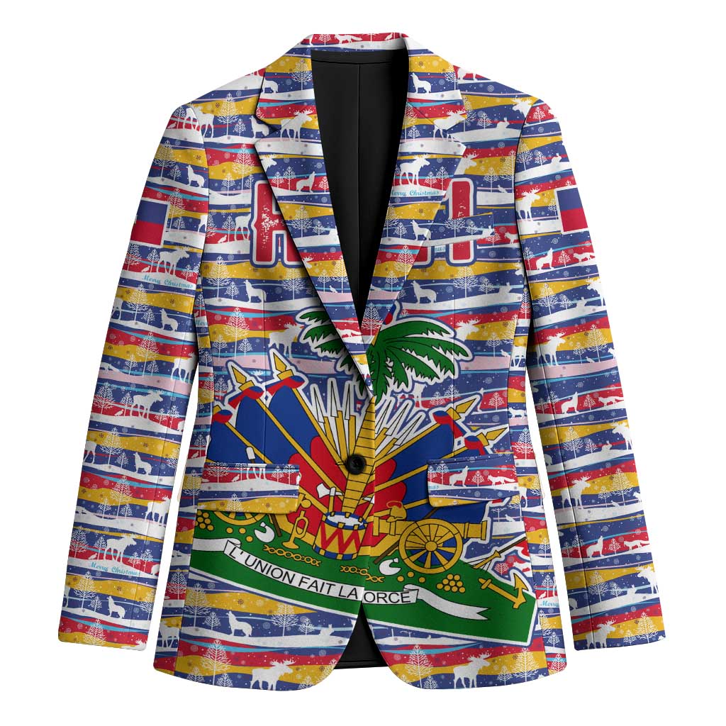 Haiti Christmas Blazer with Blue Red Yellow Xmas Santa Sleigh and Coat of Arms - Wonder Print Shop