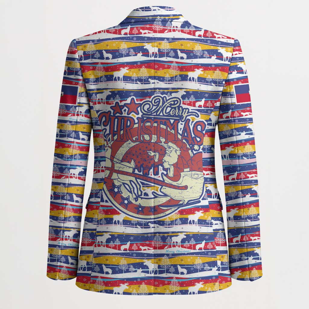 Haiti Christmas Blazer with Blue Red Yellow Xmas Santa Sleigh and Coat of Arms - Wonder Print Shop