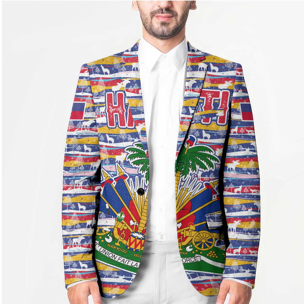 Haiti Christmas Blazer with Blue Red Yellow Xmas Santa Sleigh and Coat of Arms - Wonder Print Shop