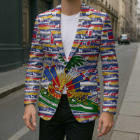 Haiti Christmas Blazer with Blue Red Yellow Xmas Santa Sleigh and Coat of Arms - Wonder Print Shop