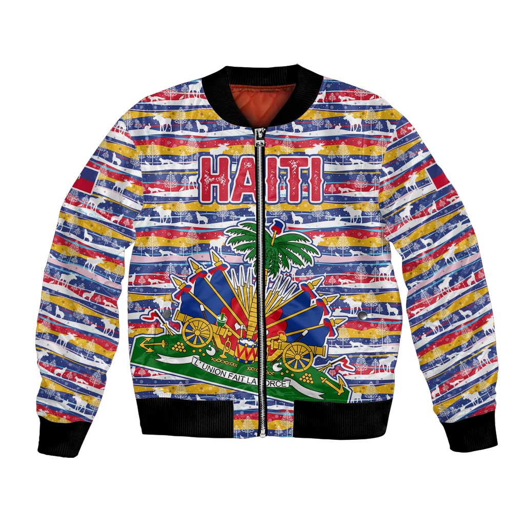 Haiti Christmas Bomber Jacket with Blue Red Yellow Xmas Santa Sleigh and Coat of Arms - Wonder Print Shop