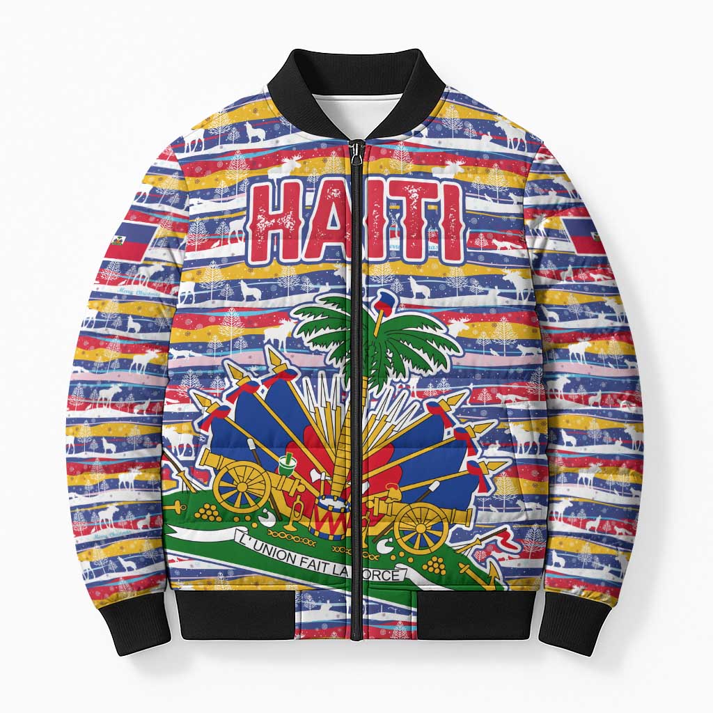 Haiti Christmas Bomber Puffer Jacket with Blue Red Yellow Xmas Santa Sleigh and Coat of Arms - Wonder Print Shop