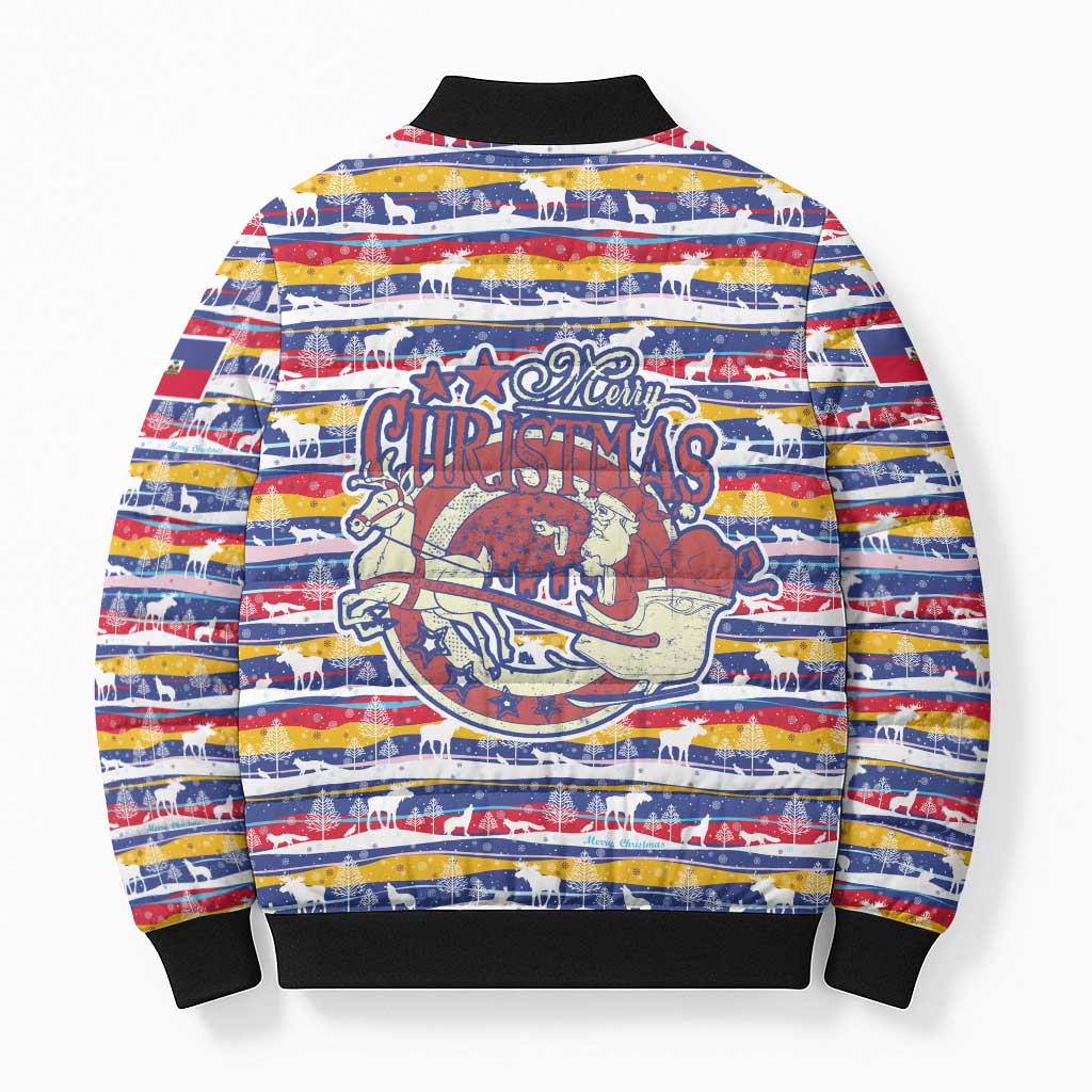 Haiti Christmas Bomber Puffer Jacket with Blue Red Yellow Xmas Santa Sleigh and Coat of Arms - Wonder Print Shop